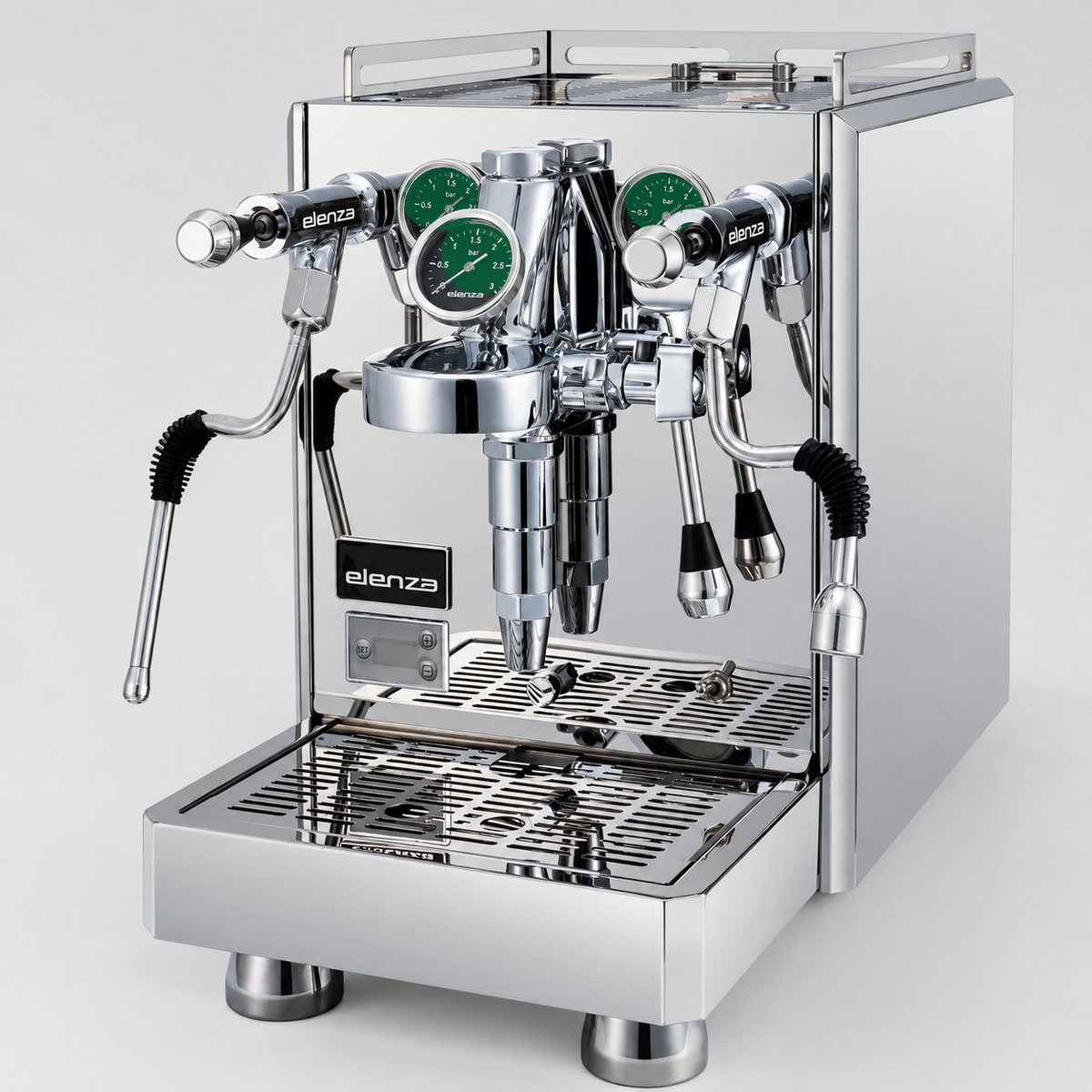 Elenza Raphael V2 Espressomaschine in poliertem Edelstahl mit grünen Manometern