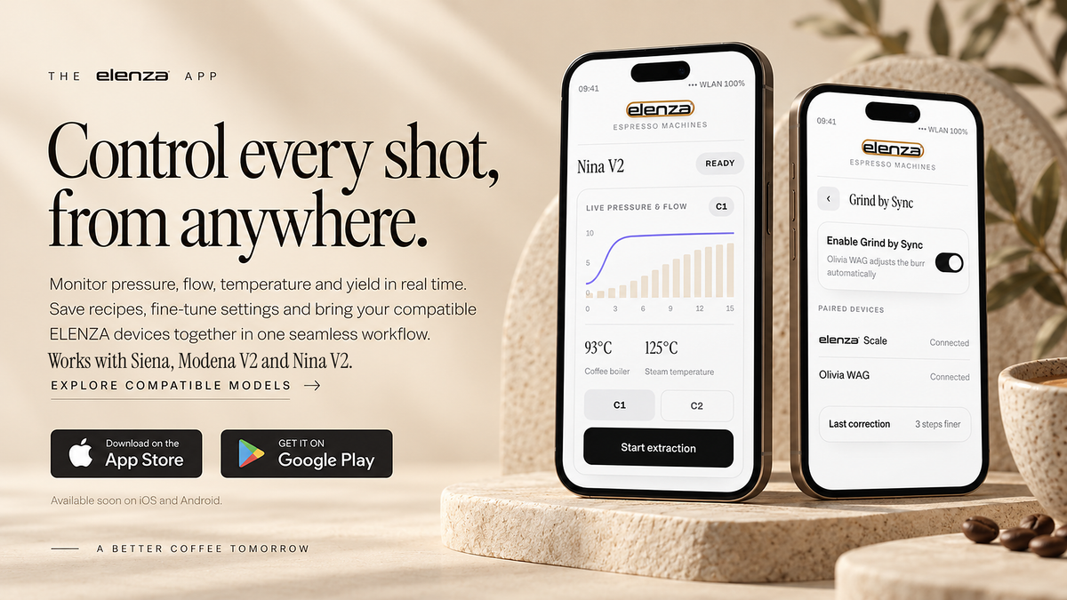 Control every shot, from anywhere — the ELENZA app. Works with Siena, Modena V2 and Nina V2.