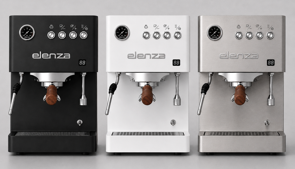 Elenza Nina V2 Espressomaschine in Schwarz, Weiß und gebürstetem Edelstahl