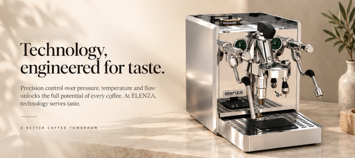 Technology, engineered for taste — ELENZA espresso machine on a marble counter