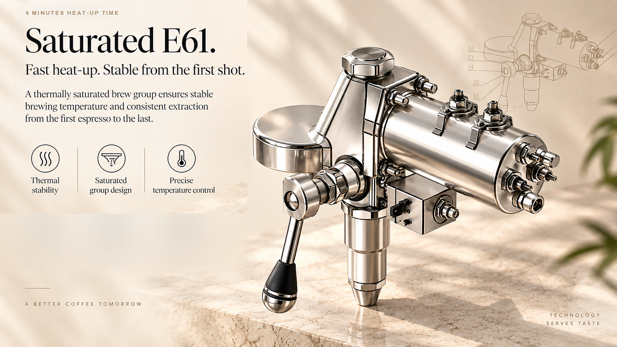 Saturated E61 — fast heat-up, stable from the first shot